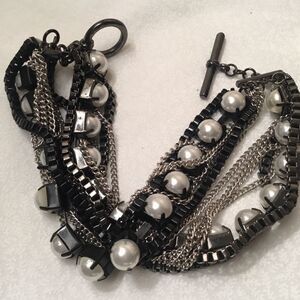 Great Multi Strand Black, Silvertone and Faux White Pearls Bracelet